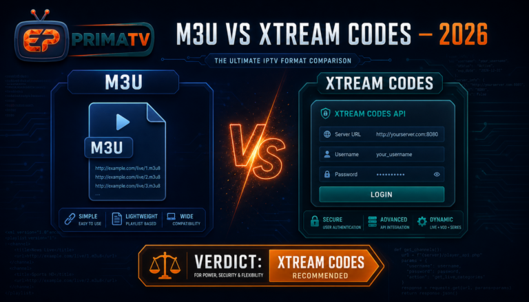 M3U vs Xtream Codes methode IPTV Maroc 2026 comparatif PRIMA TV